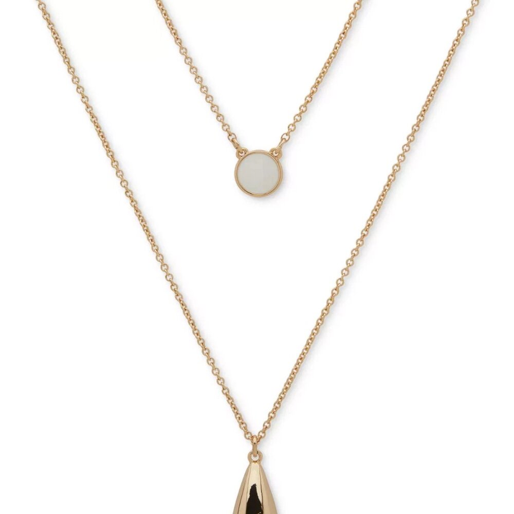DKNY Gold-Tone Two-Row Necklace White Bead Pendant 16 + 3 Extender